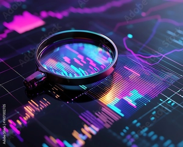Fototapeta Data analysis, search engine optimization or SEO. magnifier, charts, graphs. ultraviolet and neon