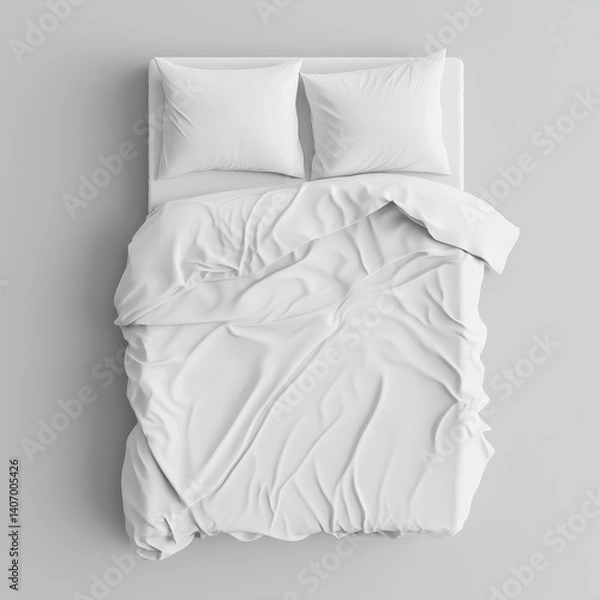 Fototapeta Bright and cozy white bedding set on a modern bed in a minimalist room
