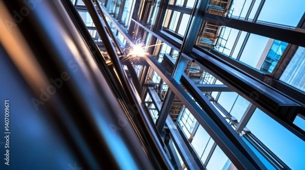 Fototapeta Ironworker using a welding torch to join metal beams. Featuring metalworking and structural work