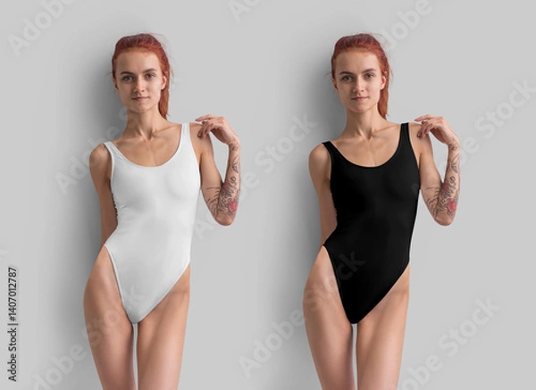Obraz Mockup of a white, black one piece swimsuit on a red-haired girl with a tattoo, front view, swimsuit, for design, print, pattern, branding.