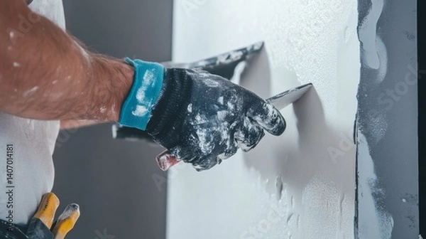 Fototapeta Laborer applying finishing touches to a drywall installation at a construction site. Featuring skill and focus