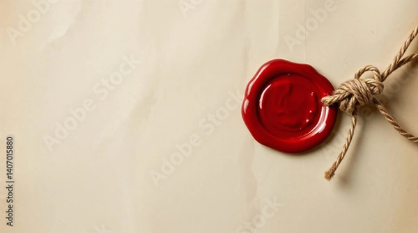 Obraz Red wax seal securing knotted twine on old paper document
