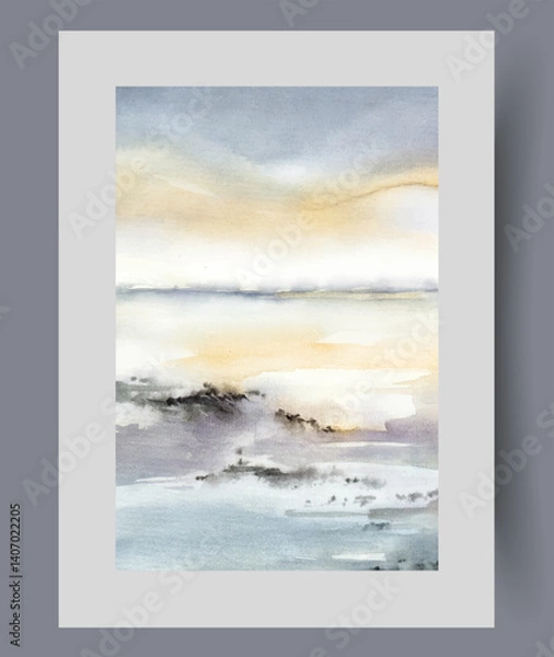 Fototapeta Sunset over sea water or ocean near coast and beach on wall art. Watercolor artwork. Print with seascape and ocean in warm summer weather inspiring calm and comfort, in frame with decor for poster