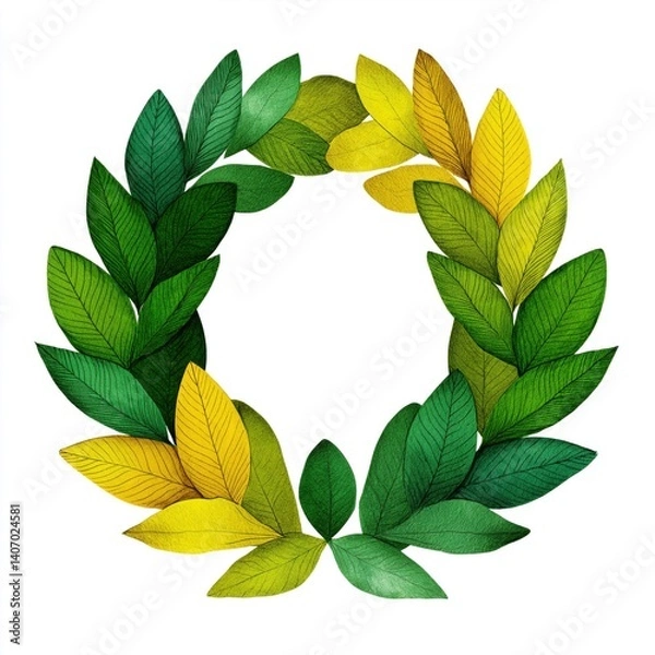 Obraz Handpainted leaf wreath in green and yellow tones with elegant circular flow