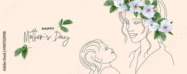 Obraz Happy Mothers Day background. Line drawing of mother and child in modern minimalist style. Beautiful white flowers and green leaves form a wreath on the head of a young mother