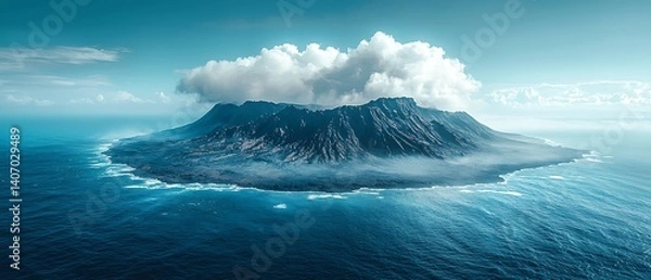 Fototapeta A creative aerial view of a hidden volcanic island with rugged lava formations, secluded black sand beaches, and deep blue waters contrasting against a dramatic summer sky
