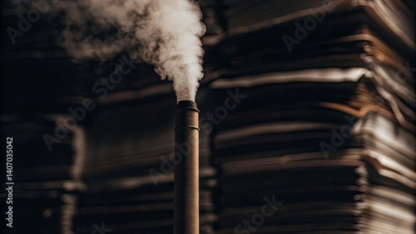 Obraz Industrial chimney releasing carbon dioxide emissions with paperwork about environmental regulations, pollution control and climate change policy concepts.