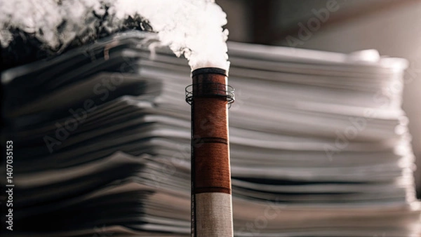 Obraz Industrial chimney releasing carbon dioxide emissions with paperwork about environmental regulations, pollution control and climate change policy concepts.