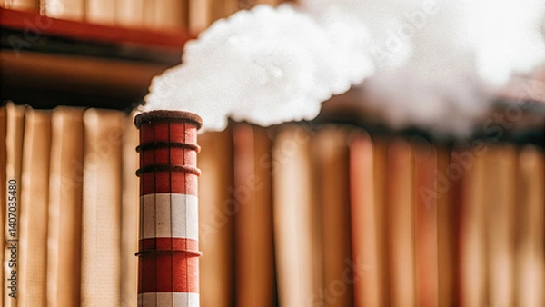 Obraz Industrial chimney releasing carbon dioxide emissions with paperwork about environmental regulations, pollution control and climate change policy concepts.