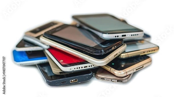 Fototapeta Pile Of Used Mobile Phones On White Background Tech Waste Concept Electronic Gadgets Recycling Initiative End Of Life Devices Refurbished Technology