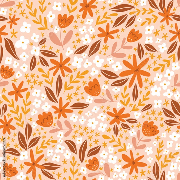 Fototapeta Vector floral seamless pattern in hand-drawn style. Boho summer flowers repeat background in pink colors. Botany ditsy seamless fabric design.