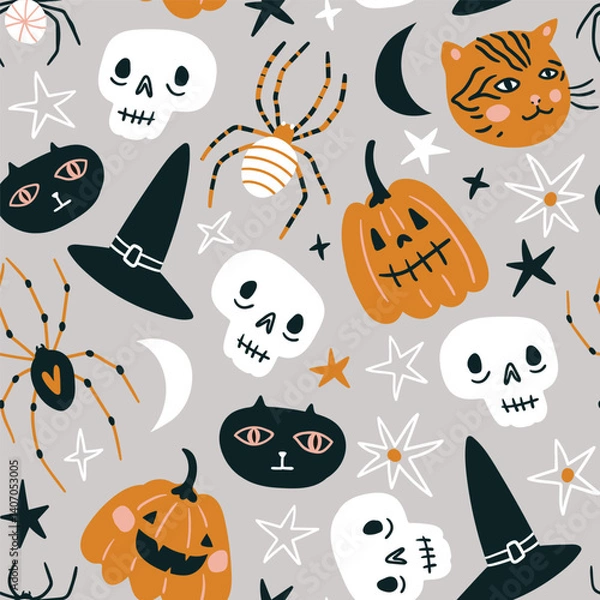 Fototapeta Vector Halloween seamless pattern design. Funny autumn print design. Day of the dead repeat background. Kids fabric design.