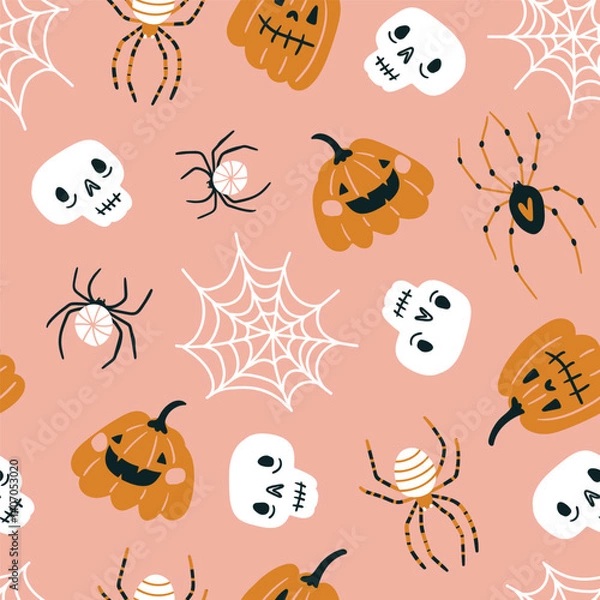 Fototapeta Vector Halloween seamless pattern design. Funny autumn pumpkin and sculls print design. Day of the dead repeat background. Kids fabric design.