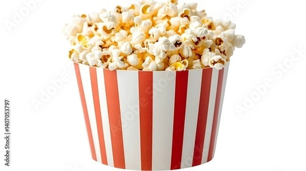 Fototapeta Close Up Shot Of Fresh Popcorn In Striped Bucket Isolated On White Background Delicious Cinema Snack For Movie Time