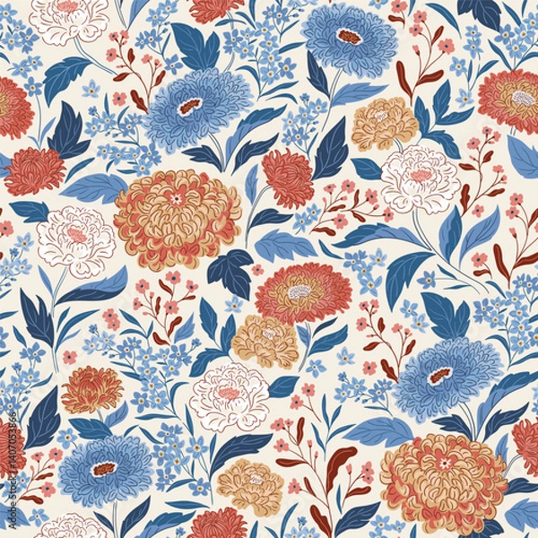 Fototapeta Vector floral seamless pattern in hand-drawn style. Boho summer chrysanthemum flowers repeat background. Botany Chinese chrysanthemum seamless fabric design.