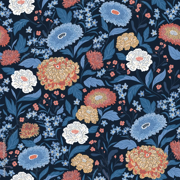Fototapeta Vector floral seamless pattern in hand-drawn style. Boho summer chrysanthemum flowers repeat background. Botany Chinese chrysanthemum seamless fabric design.