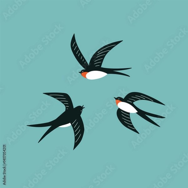 Fototapeta Stylized swallows on turquoise background. Vector isolated bird illustration. Animal design.