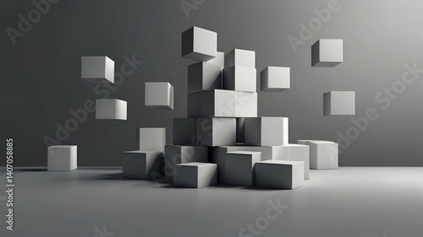 Fototapeta Abstract 3D render: Stacked and floating grey cubes create a minimalist geometric composition. Concept for construction, data blocks, organization, or instability on a monochrome studio background.