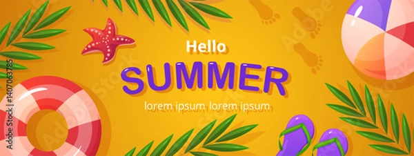 Fototapeta A summer banner with beach elements on a yellow background. Beach template with lifebuoy, beach ball, starfish, palm leaves, flip-flops. Suitable for seasonal promotions, social media, web design.