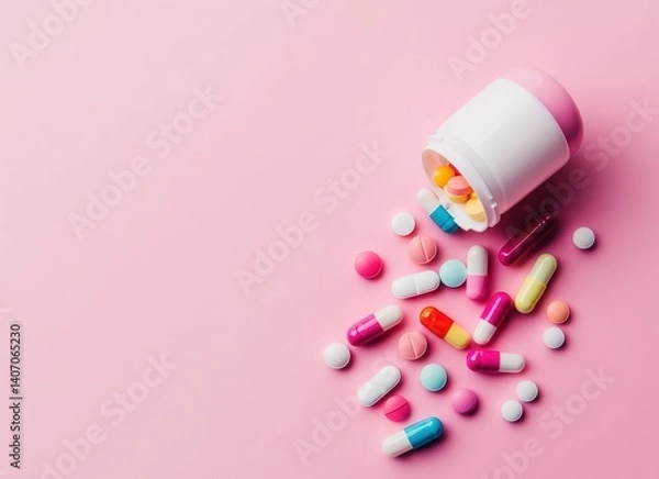 Fototapeta colorful pills and capsules spilling from white bottle on pink background, top view with copy space