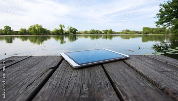 Fototapeta Sleek Silver Tablet on Rustic Wooden Dock Overlooking Serene Lake