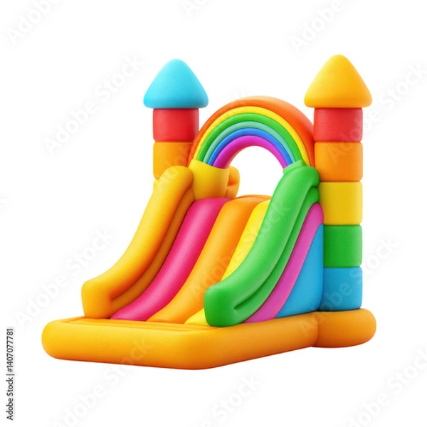 Fototapeta Colorful inflatable bouncy castle with rainbow. Fun playground equipment for kids. 3D render.