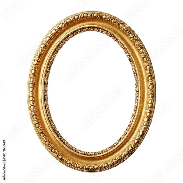 Fototapeta Oval gold picture frame isolated on white. Ornate vintage frame for photos or artwork.