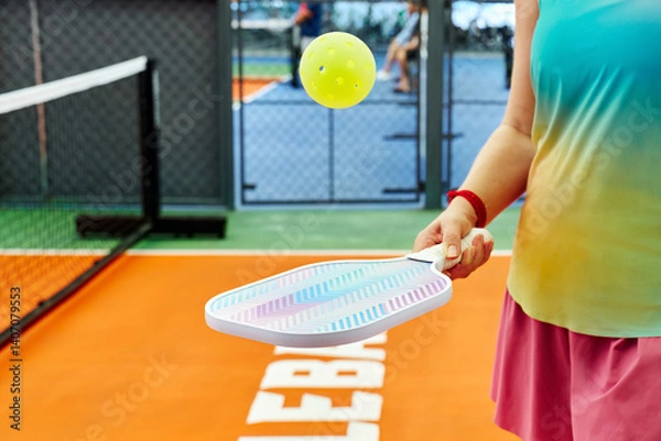 Fototapeta Pickle ball players standing on court with raquet and ball in hands after game, outdoor sport leisure activity