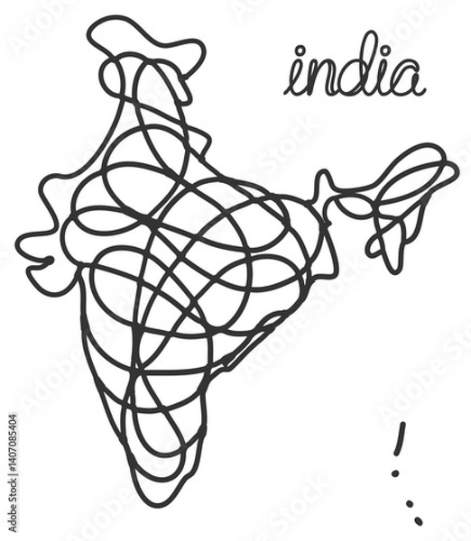 Fototapeta Chaotic scribbled vector line art of India map with abstract continuous strokes. Modern, creative, symbolic, geographic artwork. India, map, vector, scribble, abstract, chaotic, outline, art,vector
