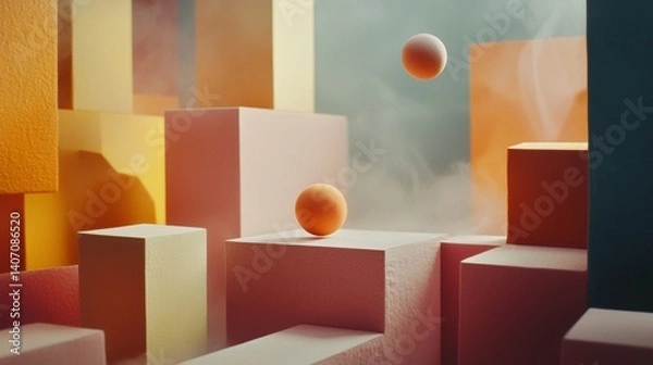 Fototapeta Geometric cubes and spheres in pastel 3D design