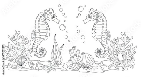 Fototapeta Line Art Illustration Pair of Seahorses Near Coral Outline with Starfish Seashell and Bubble Accents Simple Design