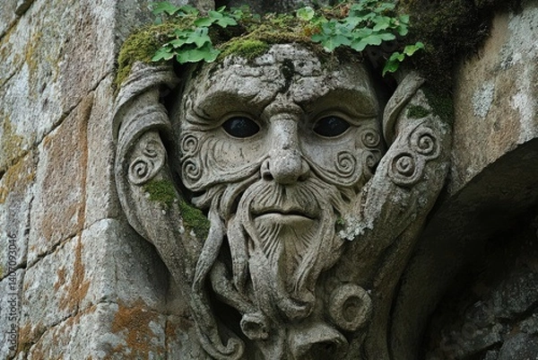 Fototapeta Stone carving of a green man face with foliage on a building.