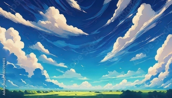 Fototapeta Vibrant AnimeInspired Dreamscape Majestic Blue Sky Backdrop Enriched with Dramatic Clouds, Illuminated by Soft Sunlight, Reflecting a World of Fantasy and Intrigue.