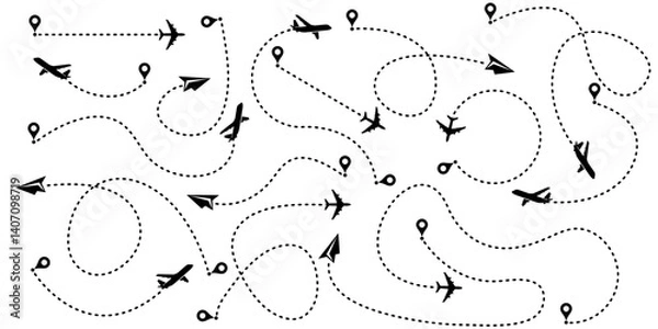 Fototapeta Vector illustration featuring airplanes flying along dotted routes with map markers, symbolizing travel, exploration, and adventure. Perfect for tourism, navigation, or global connectivity designs.