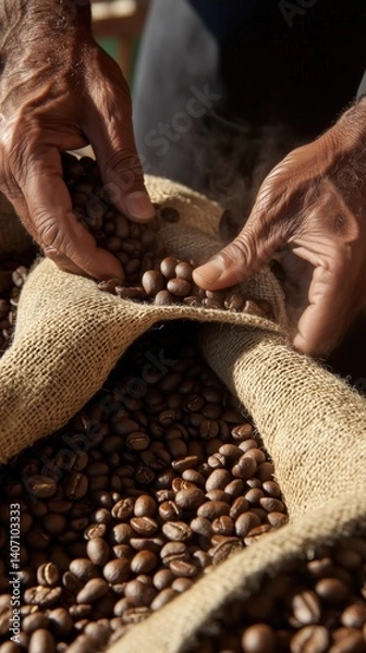 Obraz Close-Up of Skilled Hands Examining Richly Roasted Coffee Beans Spilling from a Traditional Burlap Sack, Representing Global Trade & Quality