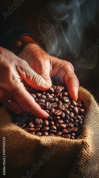Obraz A Close-Up of Weathered Hands Gently Holding Freshly Roasted Coffee Beans from a Burlap Sack, Emanating Warm Steam