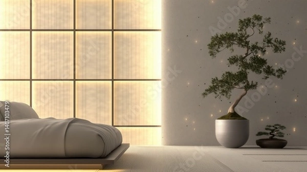 Obraz Serene Minimalist Bedroom Design: A Harmonious Blend of Modern Aesthetics and Traditional Japanese Influences for Peaceful Living