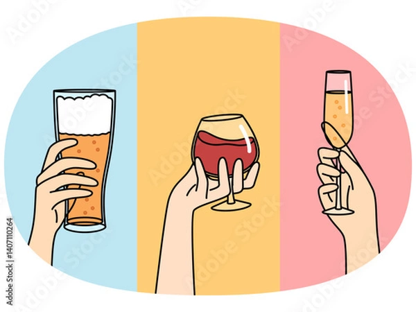 Fototapeta Hands people with glasses filled with alcoholic drinks, offering to drink beer or wine with champagne. Assortment of alcoholic beverages to decorate menu of restaurant bar or cafe with strong drinks