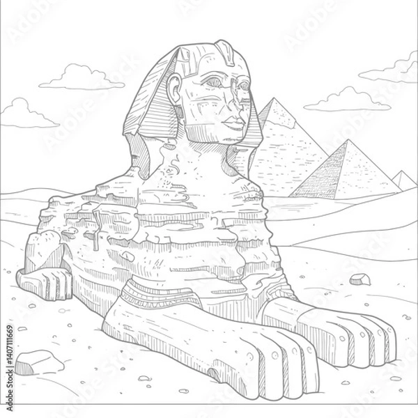 Obraz Majestic Sphinx Guardian Sitting Watchfully in the Hot Desert Sands with Ancient Egyptian Pyramids Behind It