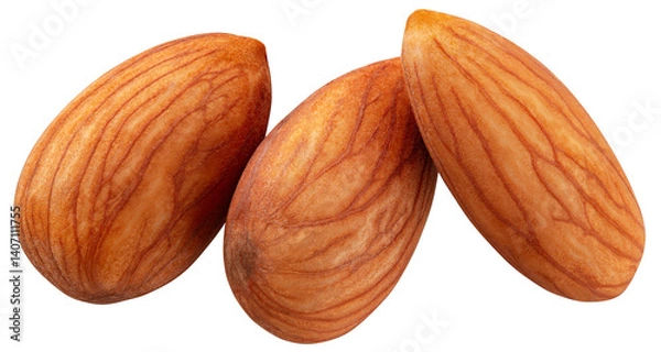 Fototapeta Almond isolated png. Three almond nuts on white or transparent background. Perfect retouched almond no background top view. Transparent png. Full depth of field.