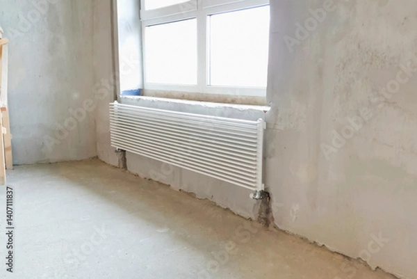 Fototapeta White radiators of heating system. New building house, heating i