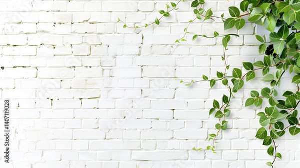 Fototapeta A white brick wall with green ivy growing out of it. The ivy is covering the wall and creating a natural, calming atmosphere