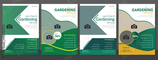 Obraz Flyer design template for lawn and gardening services .Freshly rolled artificial grass placed on lush green lawn. Lawn and Garden Care Flyer Design for your garden care,	
