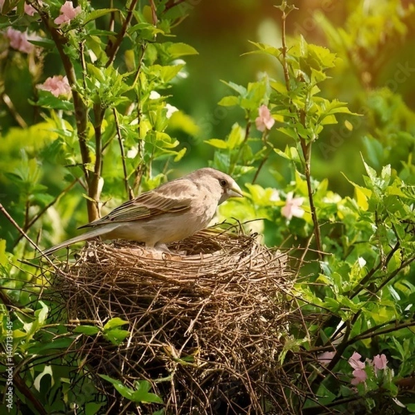 Fototapeta Nest building of a bird in a bush in spring in the garden