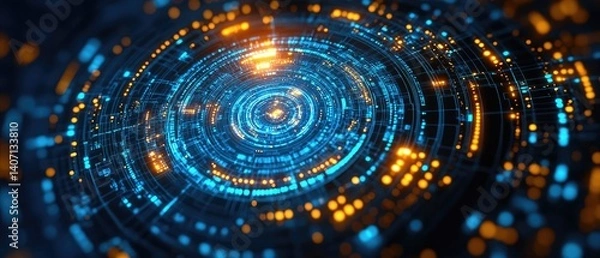 Obraz Abstract concentric circles, glowing blue and gold, on a dark background. Digital network technology