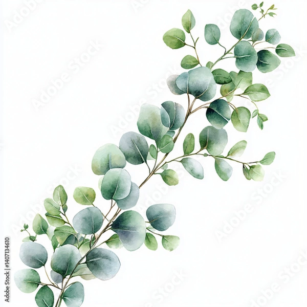 Fototapeta Watercolor hand-painted eucalyptus branch painting illustration isolated on a white background, eucalyptus illustration, AI eucalyptus leaves painting design	