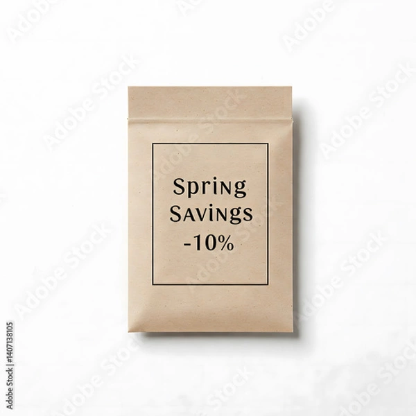 Fototapeta Spring Savings -10% discount printed on brown kraft paper bag mockup. Seasonal sale promotion concept. Retail packaging flat lay isolated on white background. Minimal advertising offer graphic.
