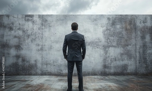 Fototapeta A determined businessman in a suit stands halted before a symbolic barrier, representing obstacles such as sanctions, economic challenges, or a potential business