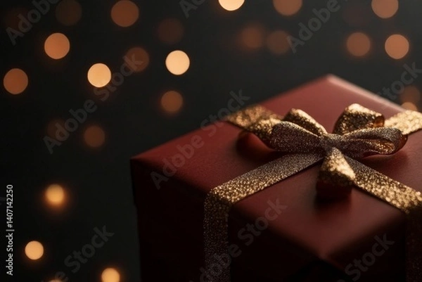 Fototapeta Elegant gift box with gold ribbon surrounded by warm bokeh lights for festive decoration