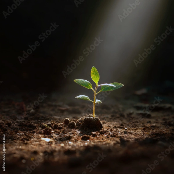 Fototapeta Seedling breakthrough sunlight growth optimistic song artwork. Generative AI